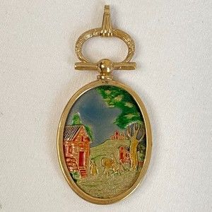 Scenery Pendant 3D Oval Landscape Gold Tone Setting
